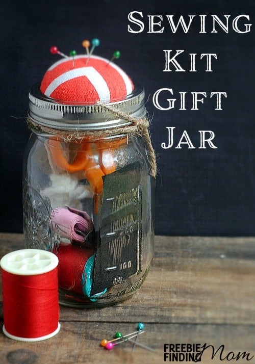 Sewing Kit Gift Jar - This DIY gift in a jar is perfect for any crafty fashionista or someone learning to sew. Customize her Mason jar with fun colors of thread, a new thimble, and other sewing essentials that are sure to inspire her.