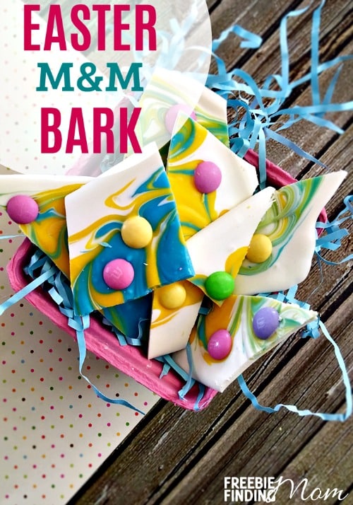 Need an easy Easter dessert idea? This delicious and festive M&M Easter bark takes mere minutes to whip up and is loaded with chocolately goodness that the entire family will love. This Easter candy recipe also makes a great DIY gift idea and is a perfect sweet treat to put into the kids’ Easter baskets. You can customize this recipe to serve as other holiday dessert recipes (i.e. use red and green M&Ms for Christmas).