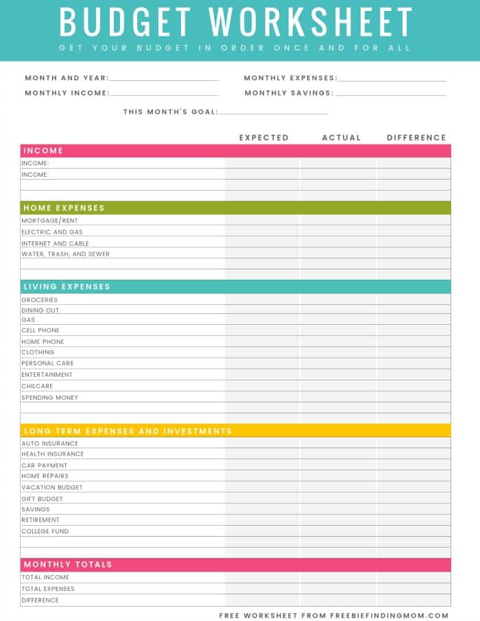 Budget Worksheet Printable Free