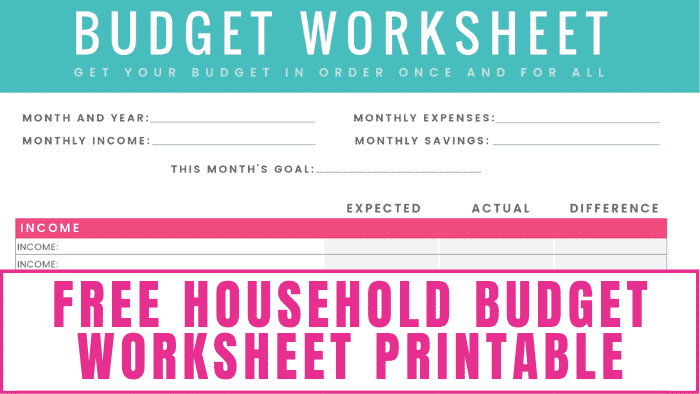 Free printable household budget worksheet