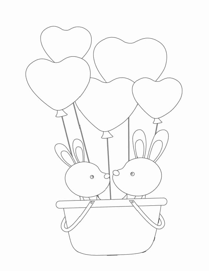 These bunnies in a basket with heart balloons make a cute love coloring page for adults and kids.