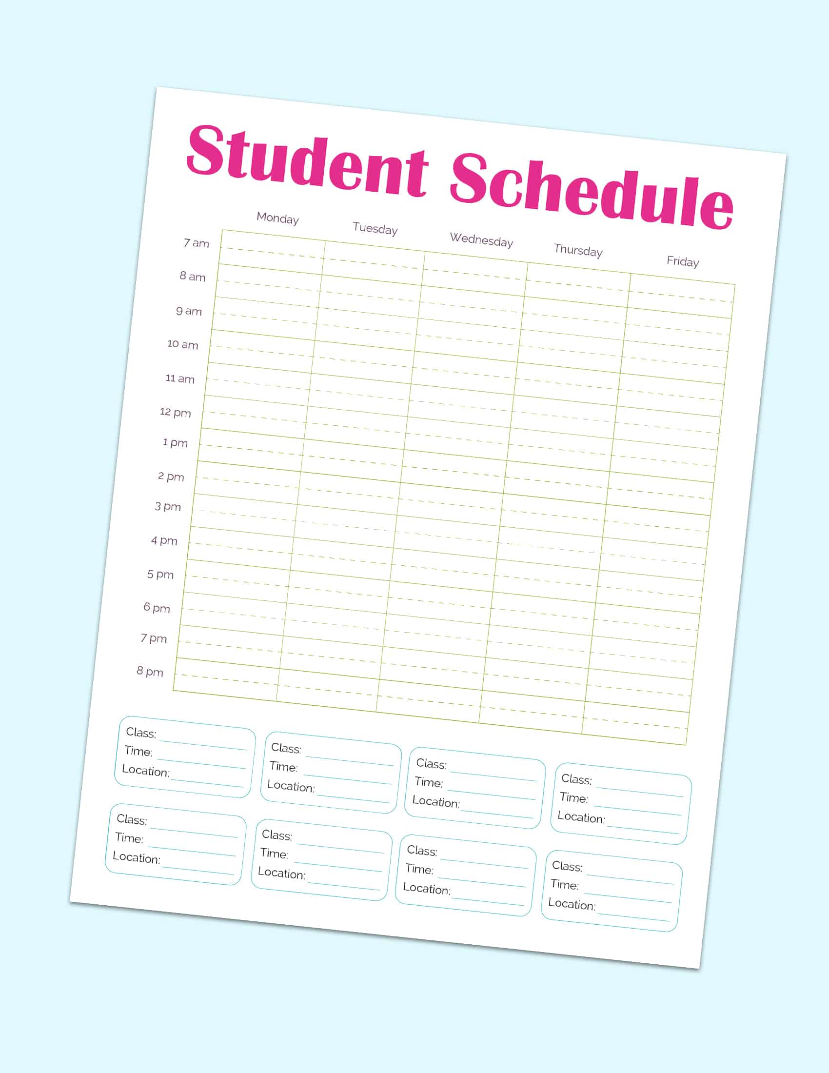 Printable Class Schedule Template PDF Download 