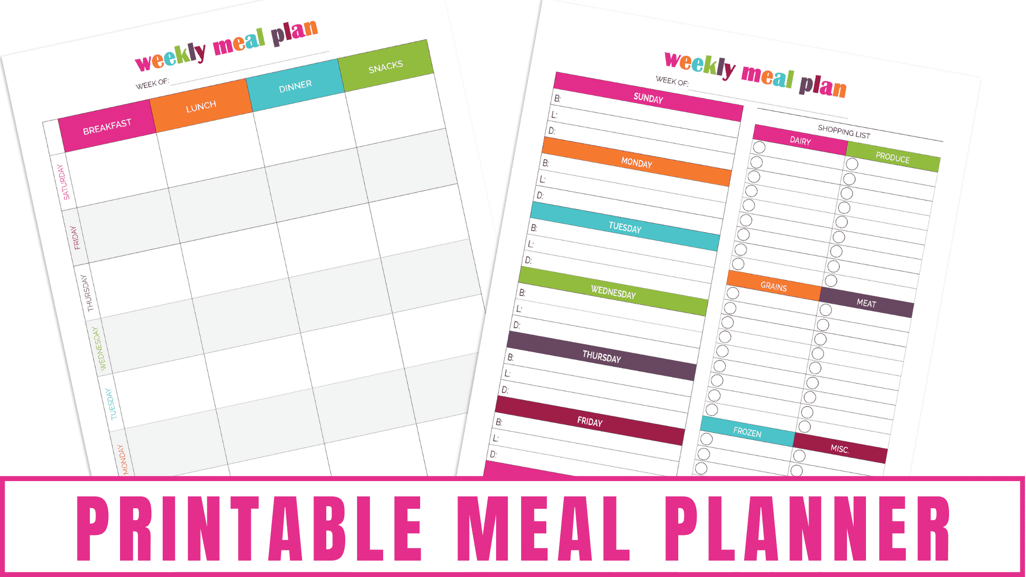 Are you trying to meal plan now that the kids are back in school? These printable meal planners allow you to record your breakfast, lunch, dinner and snacks plus jot down a grocery list. These printables will make meal planning a breeze.