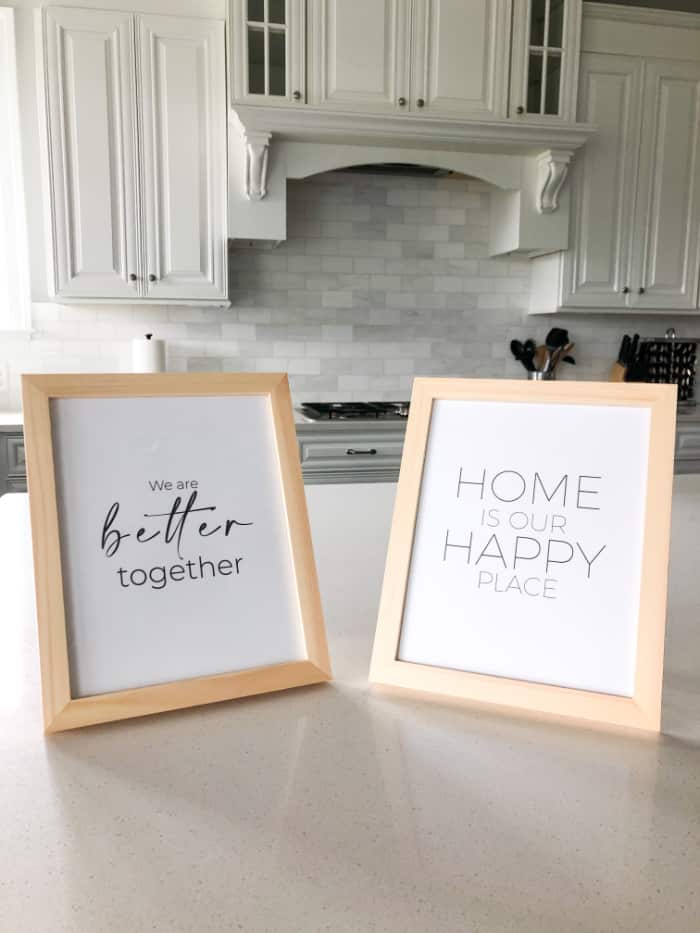 These printable inspirational quotes are framed in cheap frames from Amazon but they add a beautiful touch to my kitchen.