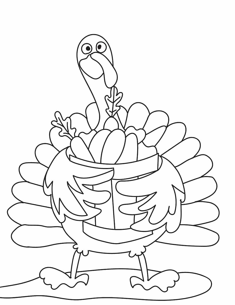 The little turkey in these cute turkey coloring pages is ready to help make a good dinner by bringing over some tasty veggies.