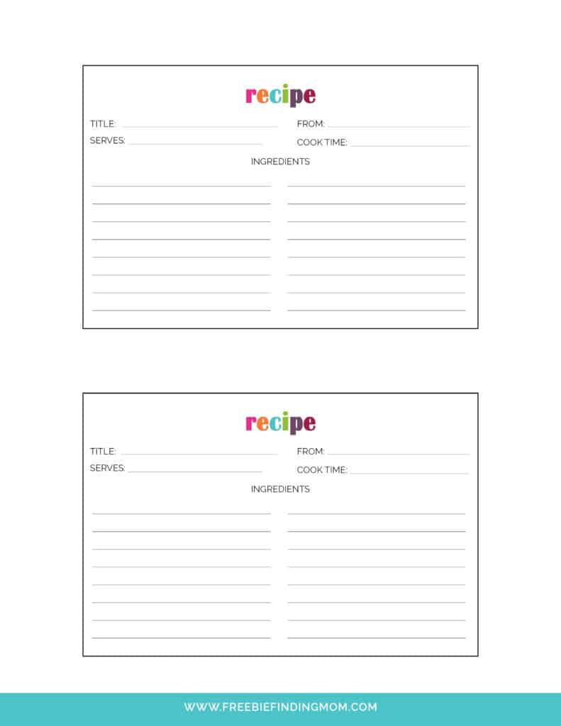 The front of these free printable recipe cards feature the recipe name, number of servings, cook time, and ingredients.