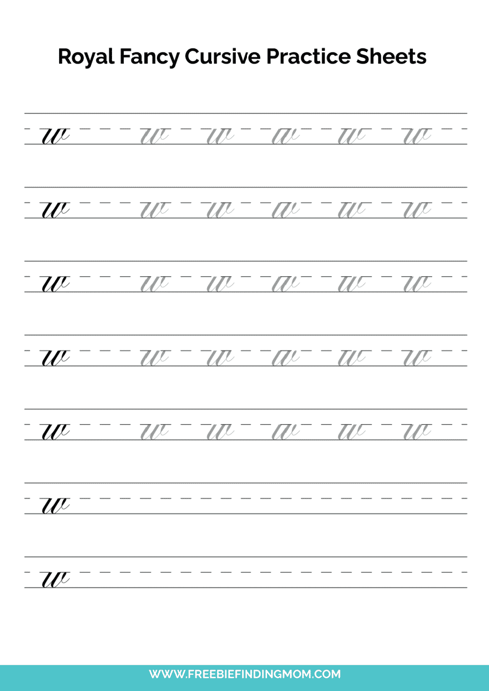 Free Printable Lowercase Royal Fancy Cursive Letter W Practice Sheet