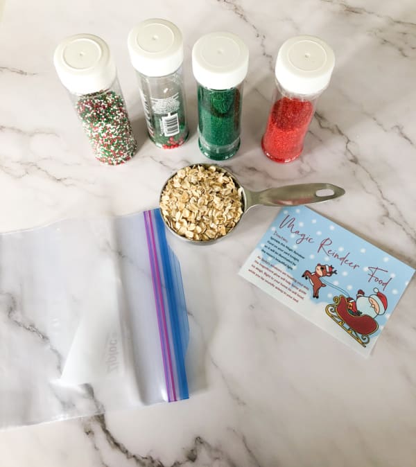 Red, green and other Christmas sprinkles plus oats are the main ingredients needed to make magic reindeer food.