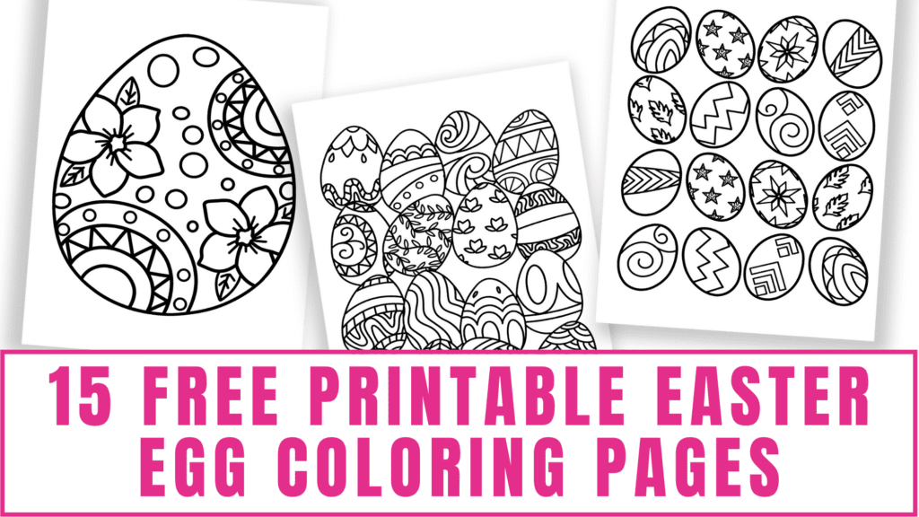 These free printable Easter egg coloring pages feature a large Easter egg decorated in flowers, circles and other geometric patterns and pages with an assortment of Easter eggs with unique designs. 