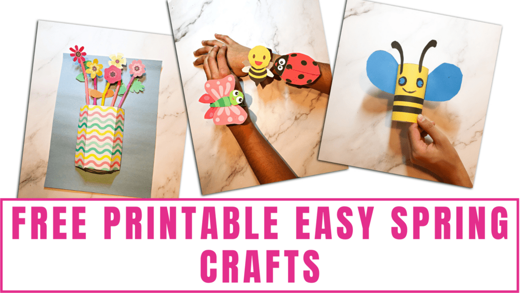 Your kids will love these free printable easy spring crafts for preschoolers and toddlers. They will get to make cute crafts including a flower bouquet, a paper bee, and a butterfly bracelet. 