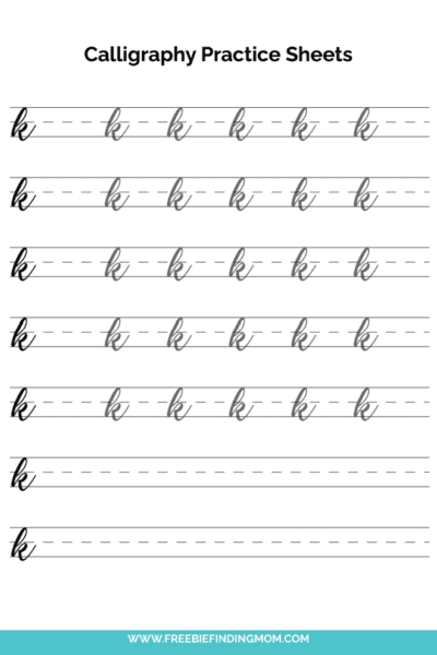free printable beginner calligraphy lowercase K practice sheet PDF