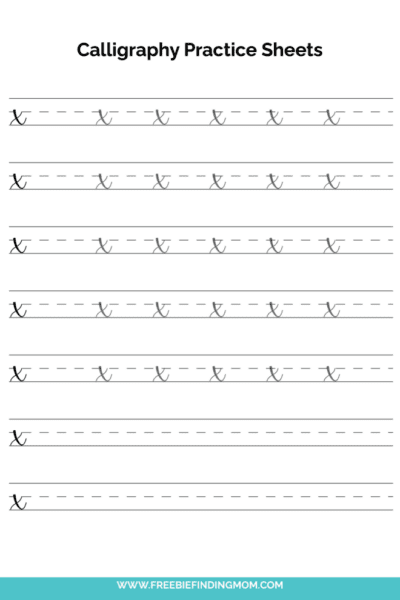 free printable beginner calligraphy lowercase X practice sheet PDF