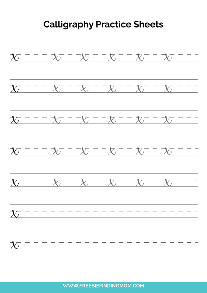 Free Printable Beginner Calligraphy Lowercase X Practice Sheet PDF