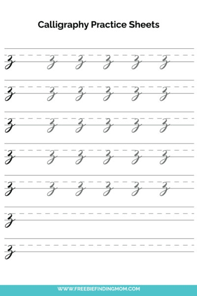 free printable beginner calligraphy lowercase Z practice sheet PDF
