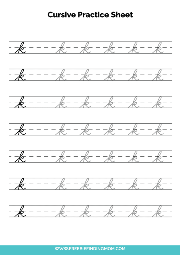Free Printable Cursive Alphabet Practice Sheets: Lowercase K