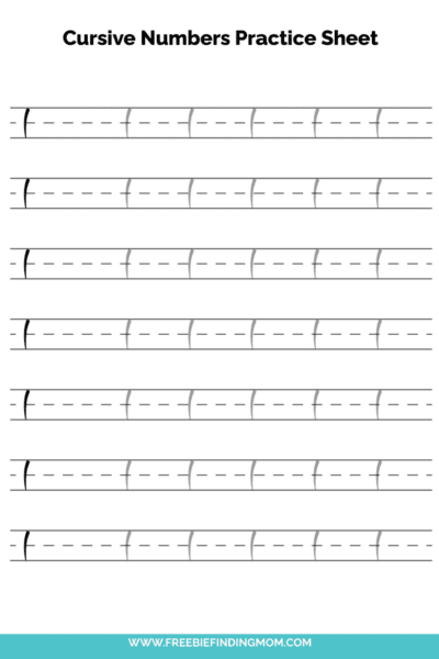 Free Printable Cursive Numbers Practice Sheet: Number 1