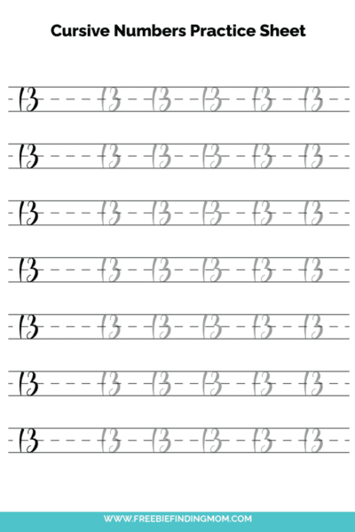 Free Printable Cursive Numbers Practice Sheet: Number 13