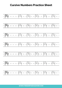 Free Printable Number Writing Worksheets: Cursive Number 14