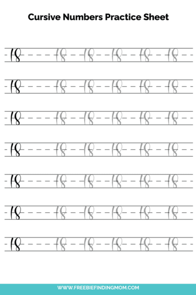 Free Printable Cursive Numbers Practice Sheet: Number 18