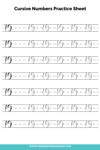 Free Printable Cursive Numbers Practice Sheet: Number 19