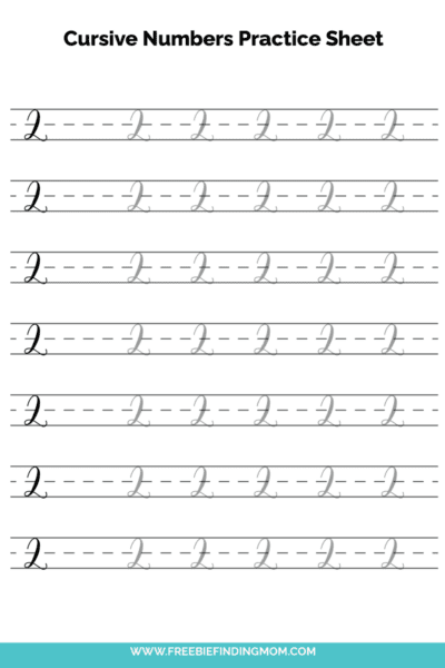 Free Printable Cursive Numbers Practice Sheet: Number 2