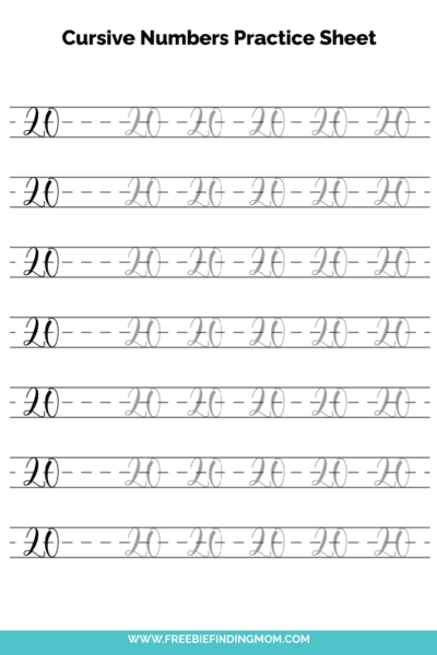 Free Printable Cursive Numbers Practice Sheet: Number 20