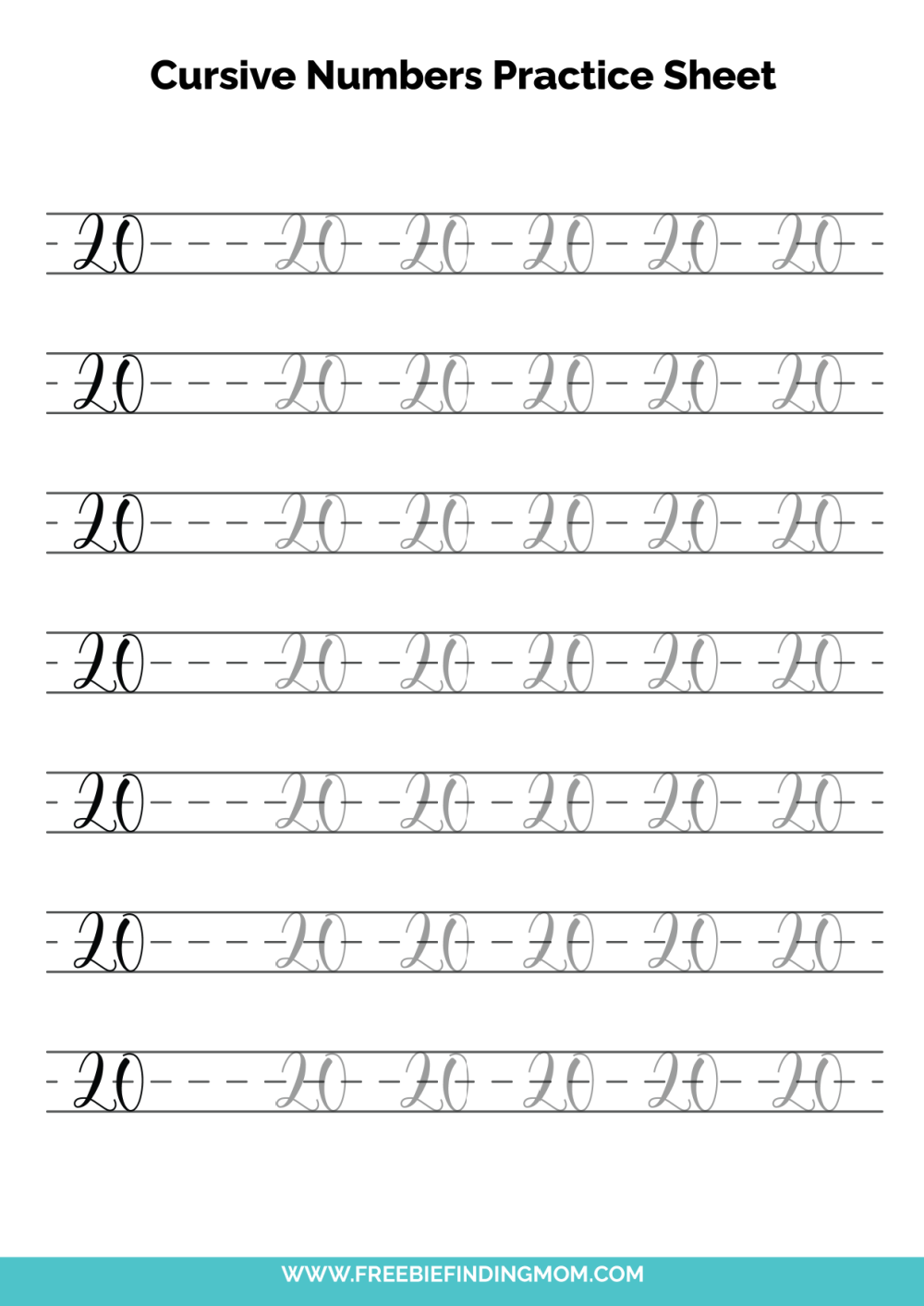 Gcursive Numbers Free Printable Number Writing Worksheets: Cursive Number 20