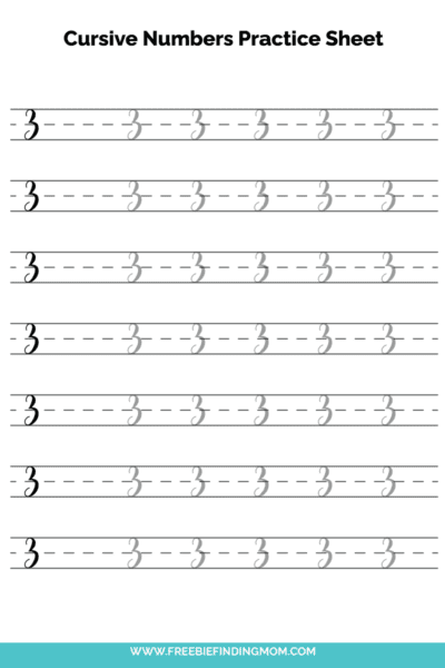 Free Printable Cursive Numbers Practice Sheet: Number 3