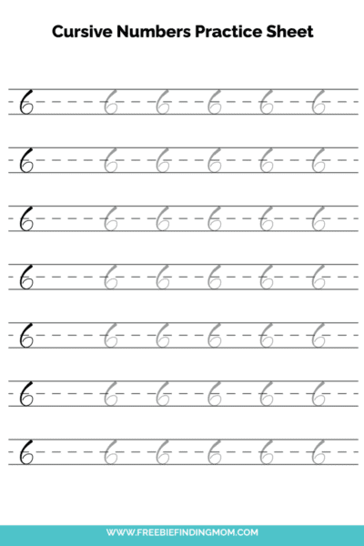 Free Printable Cursive Numbers Practice Sheet: Number 6