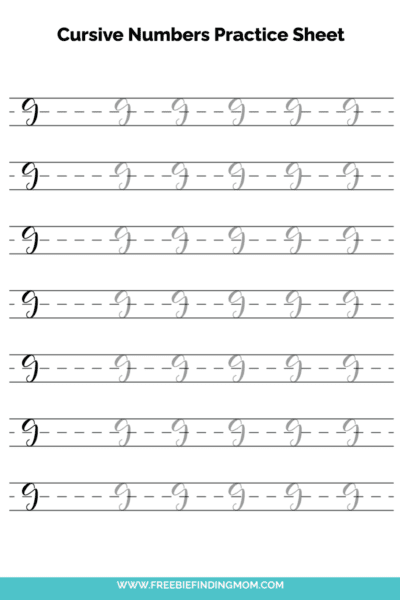 Free Printable Cursive Numbers Practice Sheet: Number 9