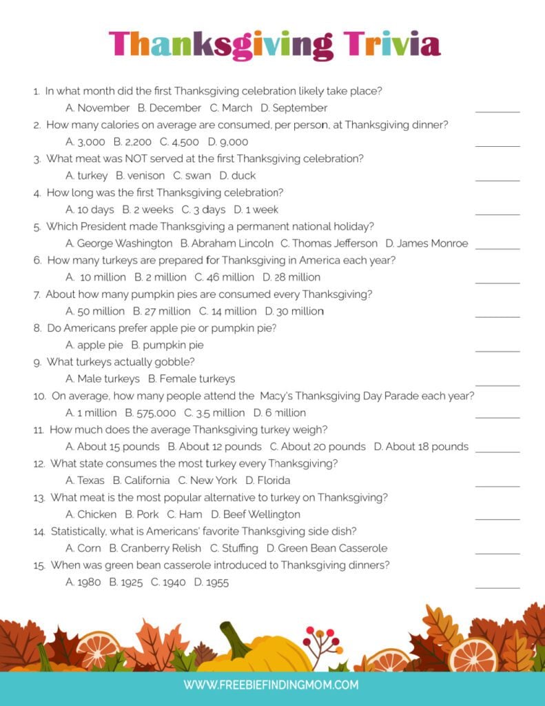 Fun Thanksgiving Trivia Questions and Answers Printable Game for Kids