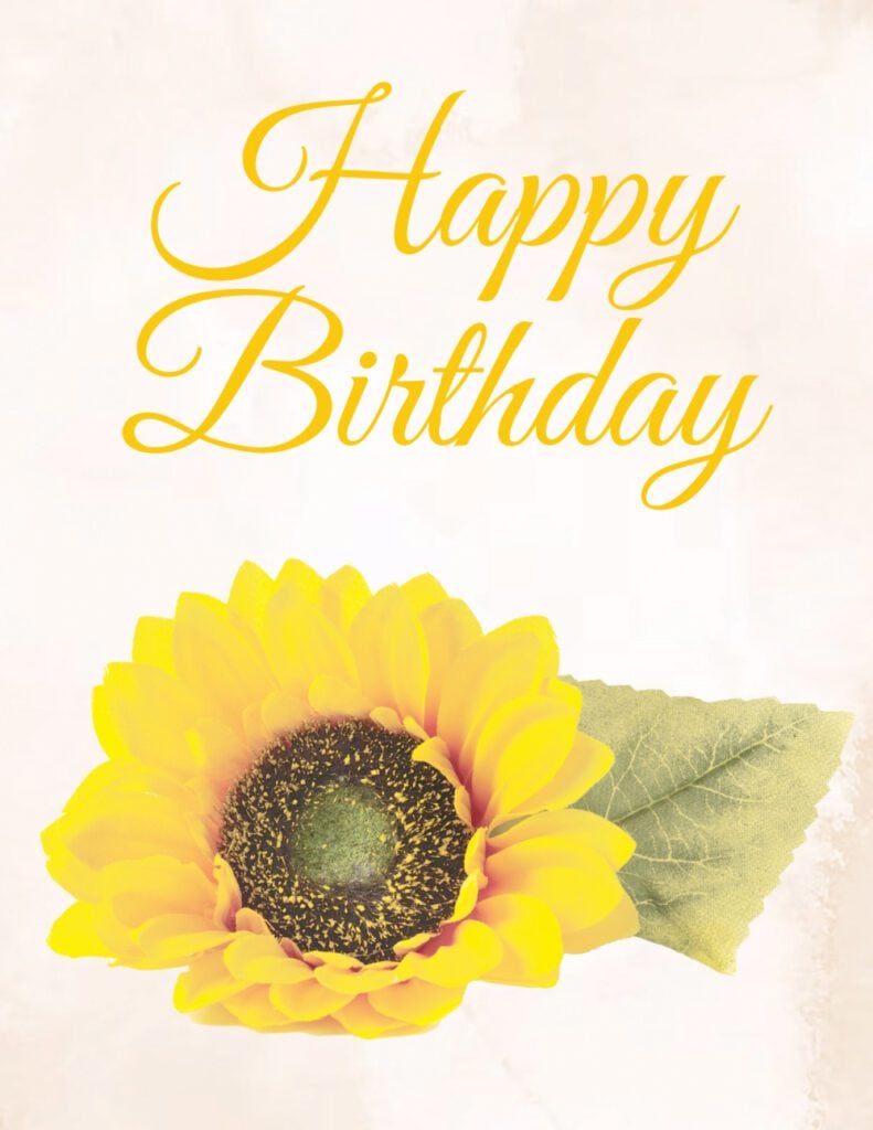 These free sunflower happy birthday images feature a large cheery sunflower and the words "Happy Birthday."
