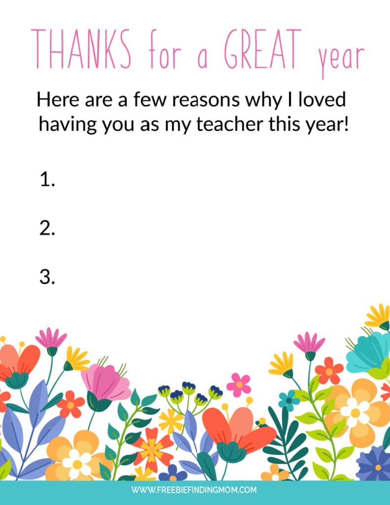 This free teacher appreciation week letter encourages your kids to list three reasons why they loved having their teachers.
