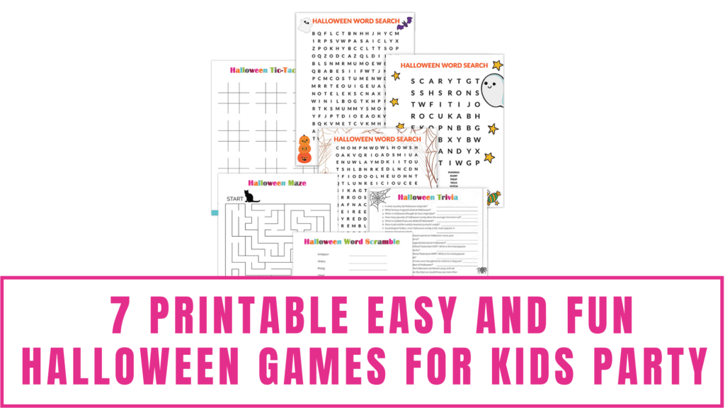 These printable easy and fun Halloween games for kids party include tic-tac-toe, word searches, a maze, Halloween trivia, and a Halloween word scramble. 