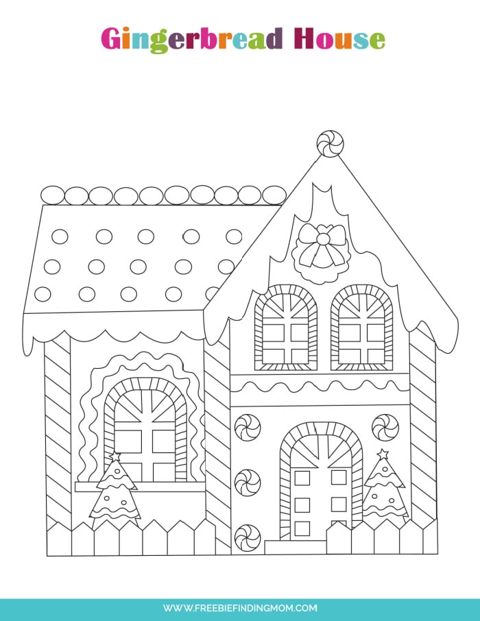 These free printable drawings of gingerbread houses feature a house adorned with peppermints and other candy accents.