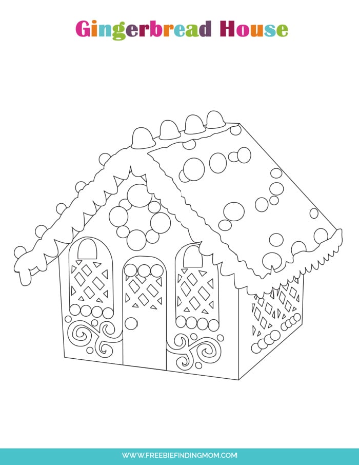 This free printable gingerbread house drawing easy is covered in icing and gumdrops.