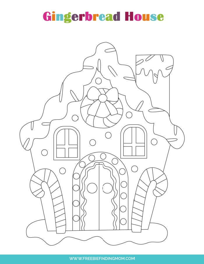 This free printable realistic gingerbread house drawing features two large candy canes on each side of the door and a sprinkle covered roof.
