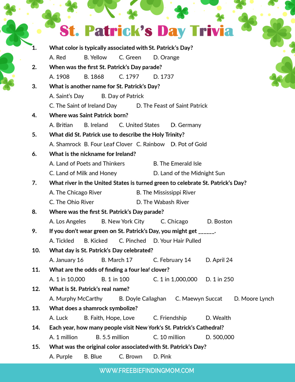St. Patricks Day Crafts Printable: Trivia Questions and Answers