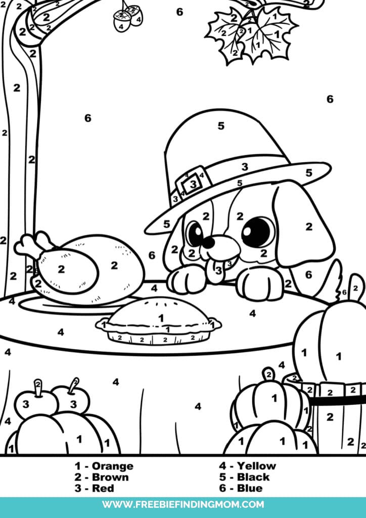 The puppy in this free printable Thanksgiving color by number is salivating at the chance to snag a yummy pumpkin pie and delicious turkey.