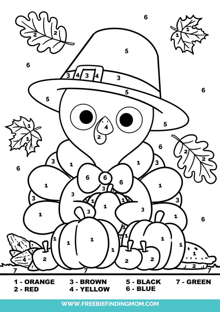 These free Thanksgiving color by number printables feature a Tiny Turkey with edible gifts like pumpkins, apples, and corn.
