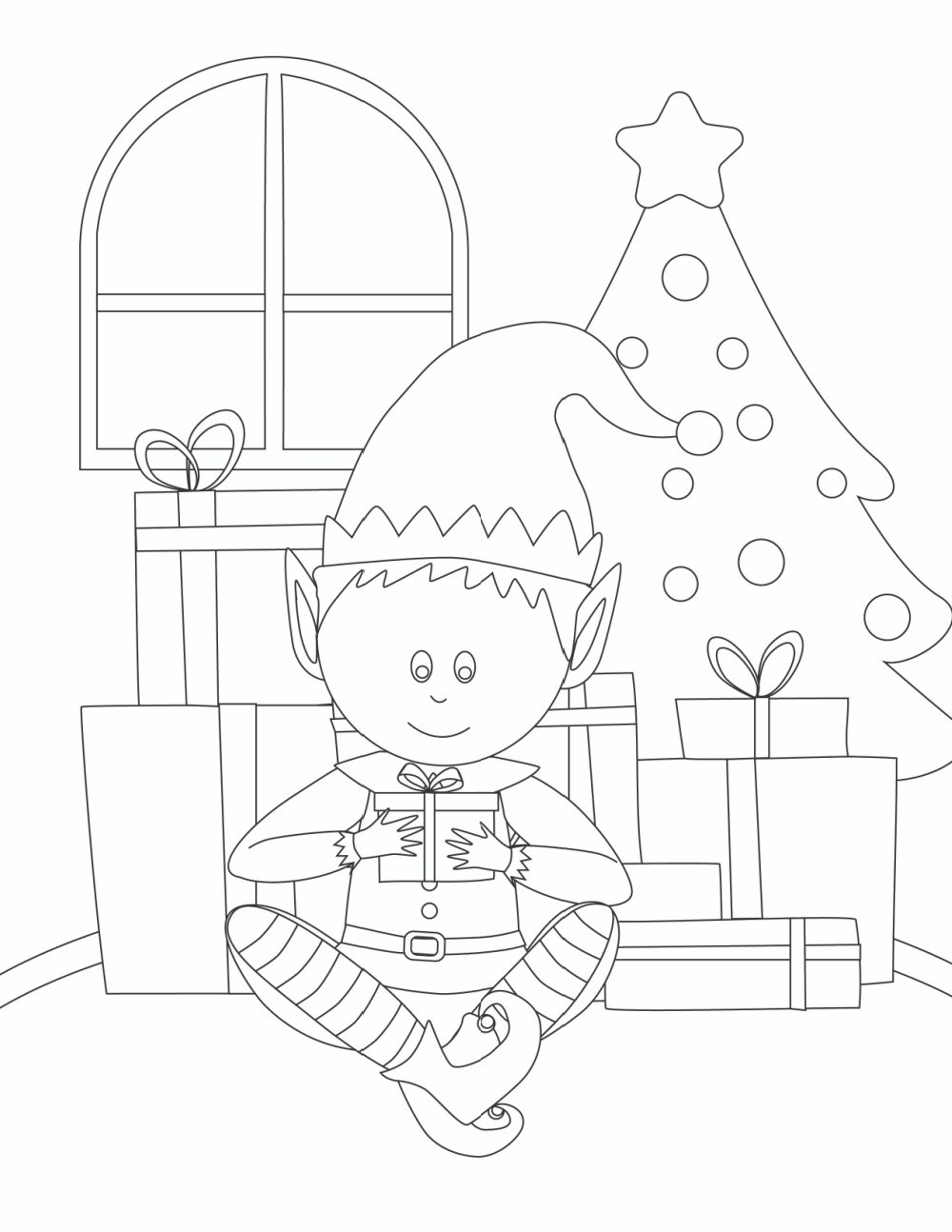 On these Elf on the Shelf printable coloring pages the elf is eyeing a special present. 