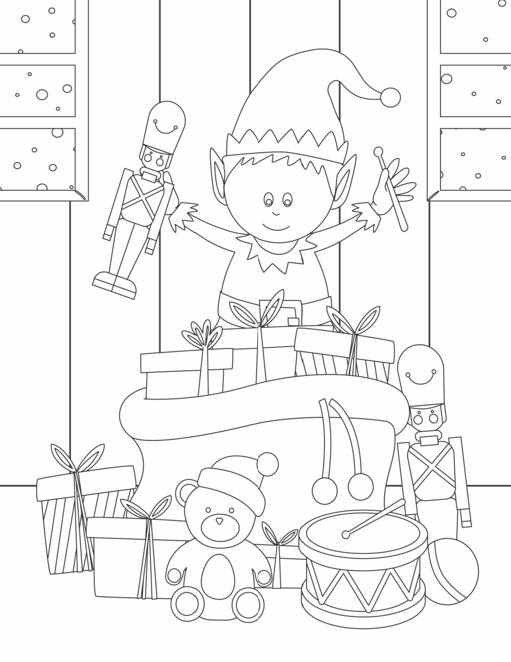 In these printable Elf on the Shelf coloring pages he's busy stuffing Santa's bag with toys and presents.