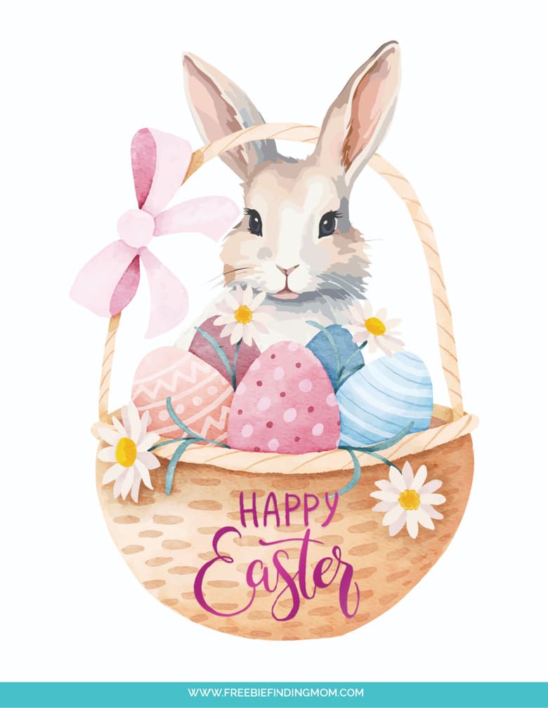 These Easter cards printable free feature a cute Easter bunny in a basket with Easter eggs and flowers. 