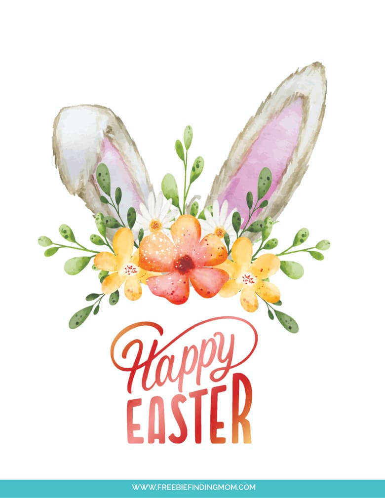 These free Easter cards printables feature adorable bunny ears along with a floral arrangement of yellow and orange flowers. 