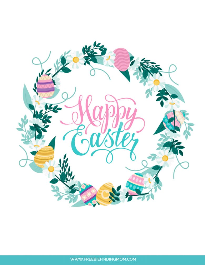 This printable Easter cards free features a floral wreath filled with pastel Easter eggs. 