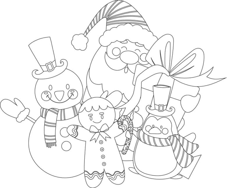 This merry free printable Santa Christmas coloring pages features Santa Claus, a snowman, a penguin, and a gingerbread man.