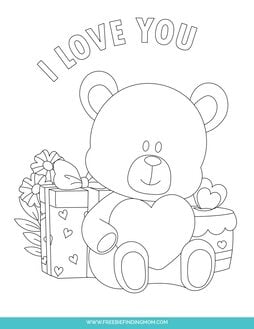 These free printable Valentine color sheets feature a teddy bear, cake, a present and flowers. 