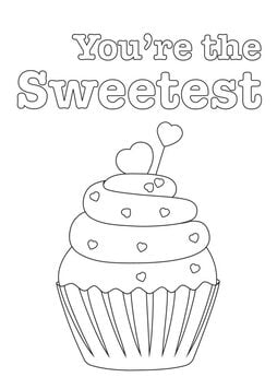 These free printable Valentine coloring sheets feature a cupcake and the words "You're the Sweetest."