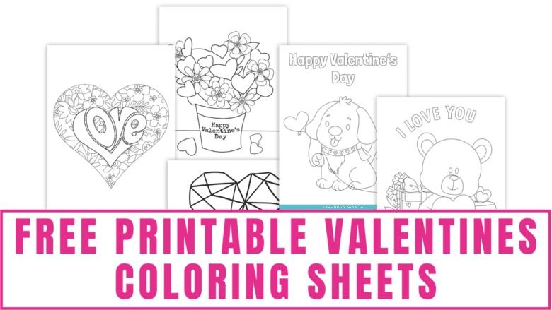 These free printable Valentines coloring sheets include beautiful hearts,, a flower bouquet, teddy bears, a dog and more Valentine images.