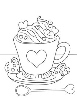 These free printable Valentine's Day color sheets feature a coffee drink topped with whipped cream and hearts. 